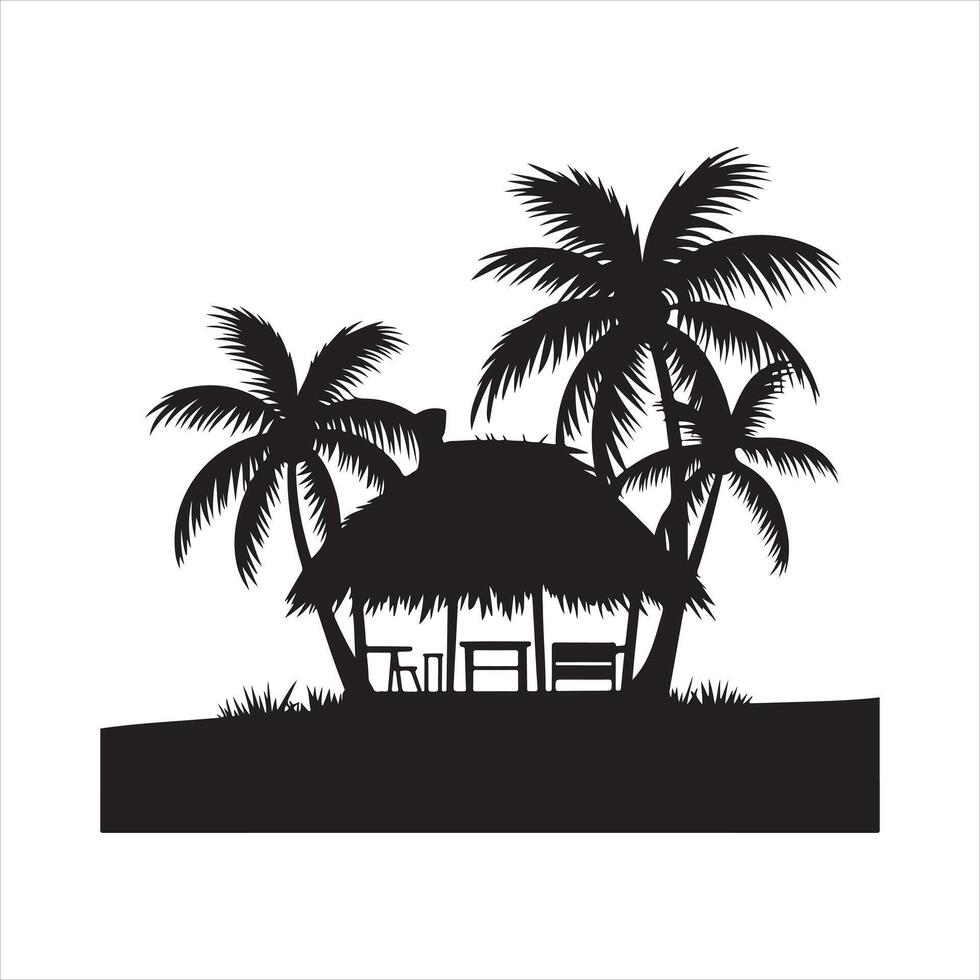 A monochrome image of a small beach cabin with palm trees silhouette on white background vector