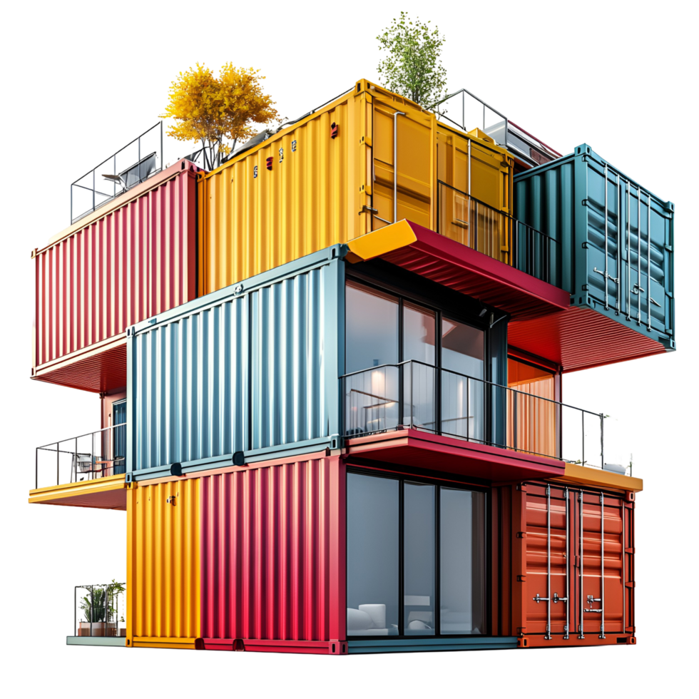 A container house with a balcony and plants png