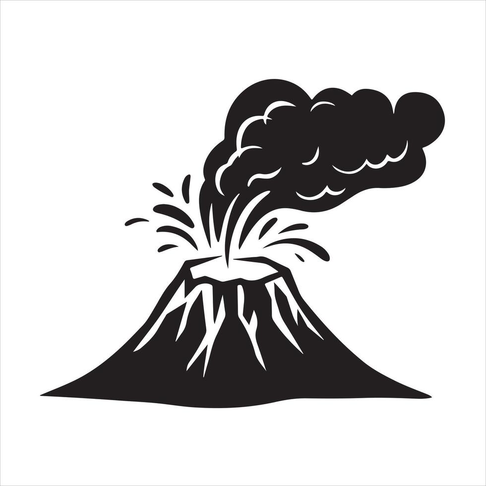 an erupting volcano with smoke billowing out from the crater silhouette white background vector