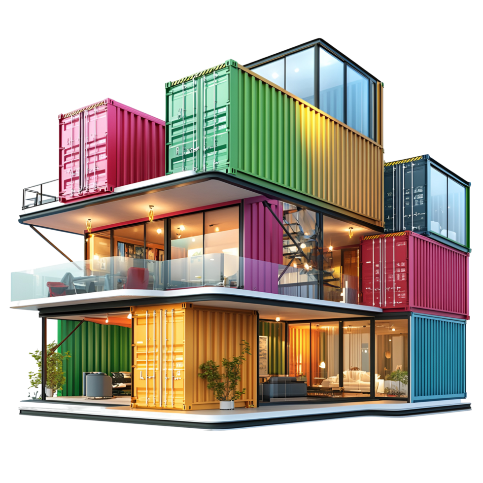 A container house with a balcony and windows png