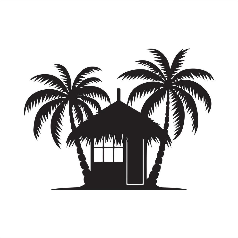 A monochrome image of a small beach cabin with palm trees silhouette white background vector