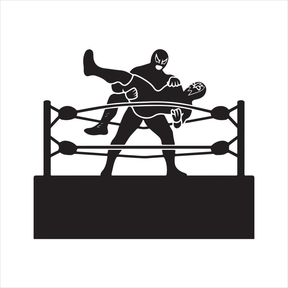 WWE ring with a wrestling match in progress silhouette vector