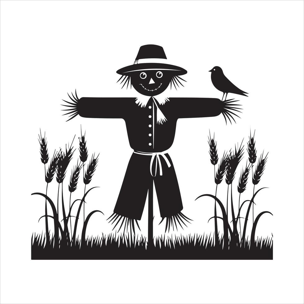 Scarecrow in a field with a bird perched its arm Silhouette vector