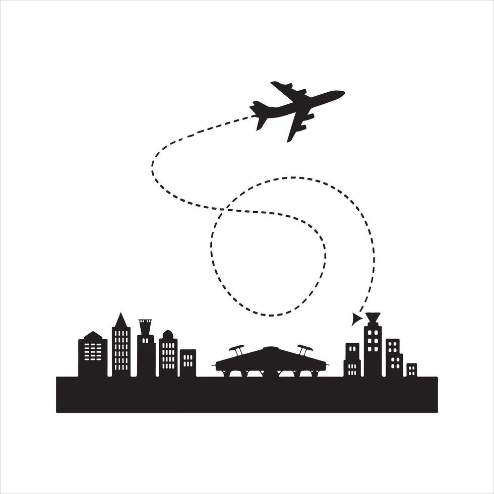 Airplane route.Travel from start point and dotted line tracing silhouette vector