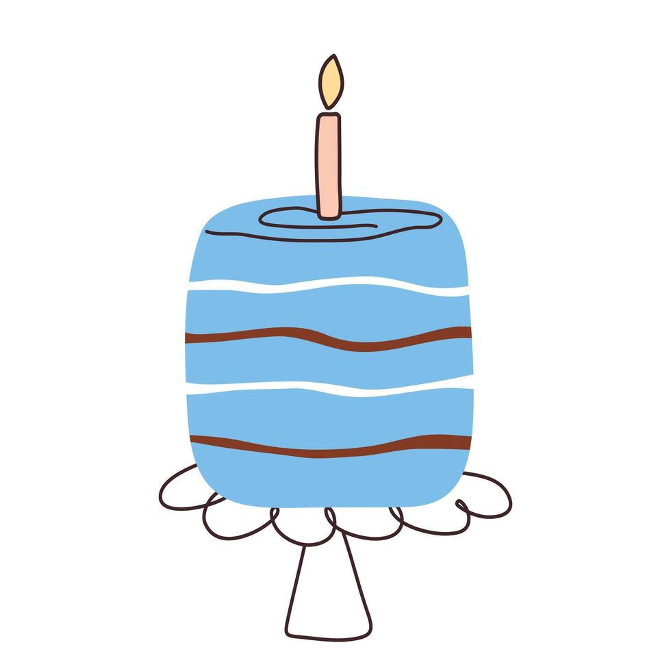 Cake with candle in flat style. Cupcake piece with hand drawn lines. Cute slice sweet desserts for birthday invitation, weeding, poster. Doodle Isolated illustration on white background. vector