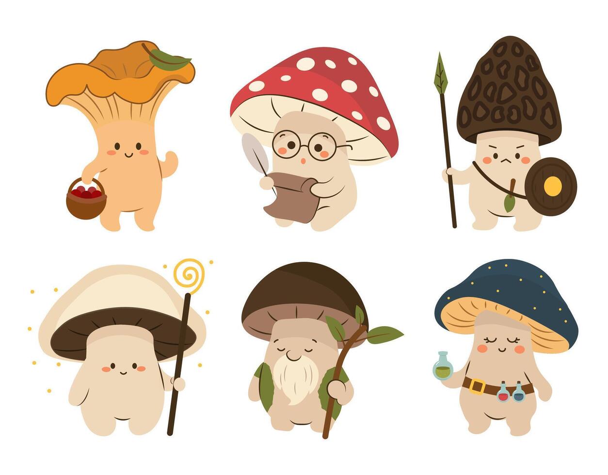 Whimsical flat-style illustration of six adorable mushroom characters inspired by real species, perfect for fantasy projects, childrens books, stickers, nature themes, and magical designs. vector
