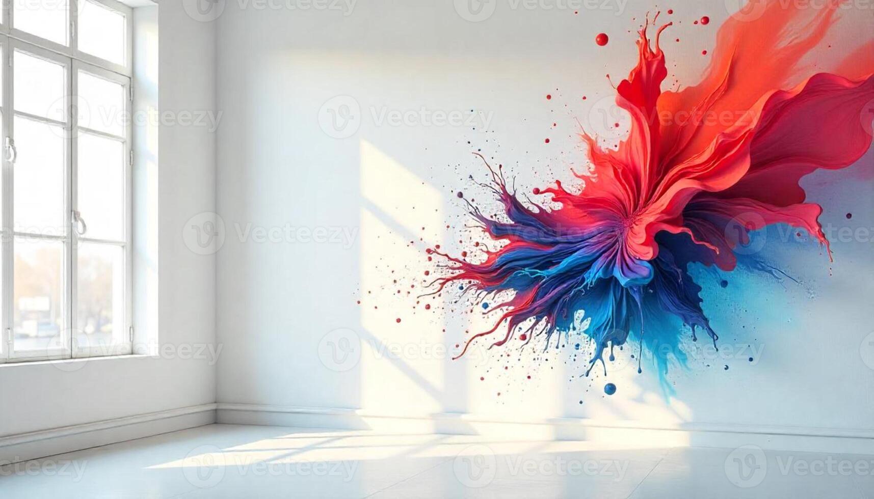 A room with a large wall mural of a colorful paint splatter photo