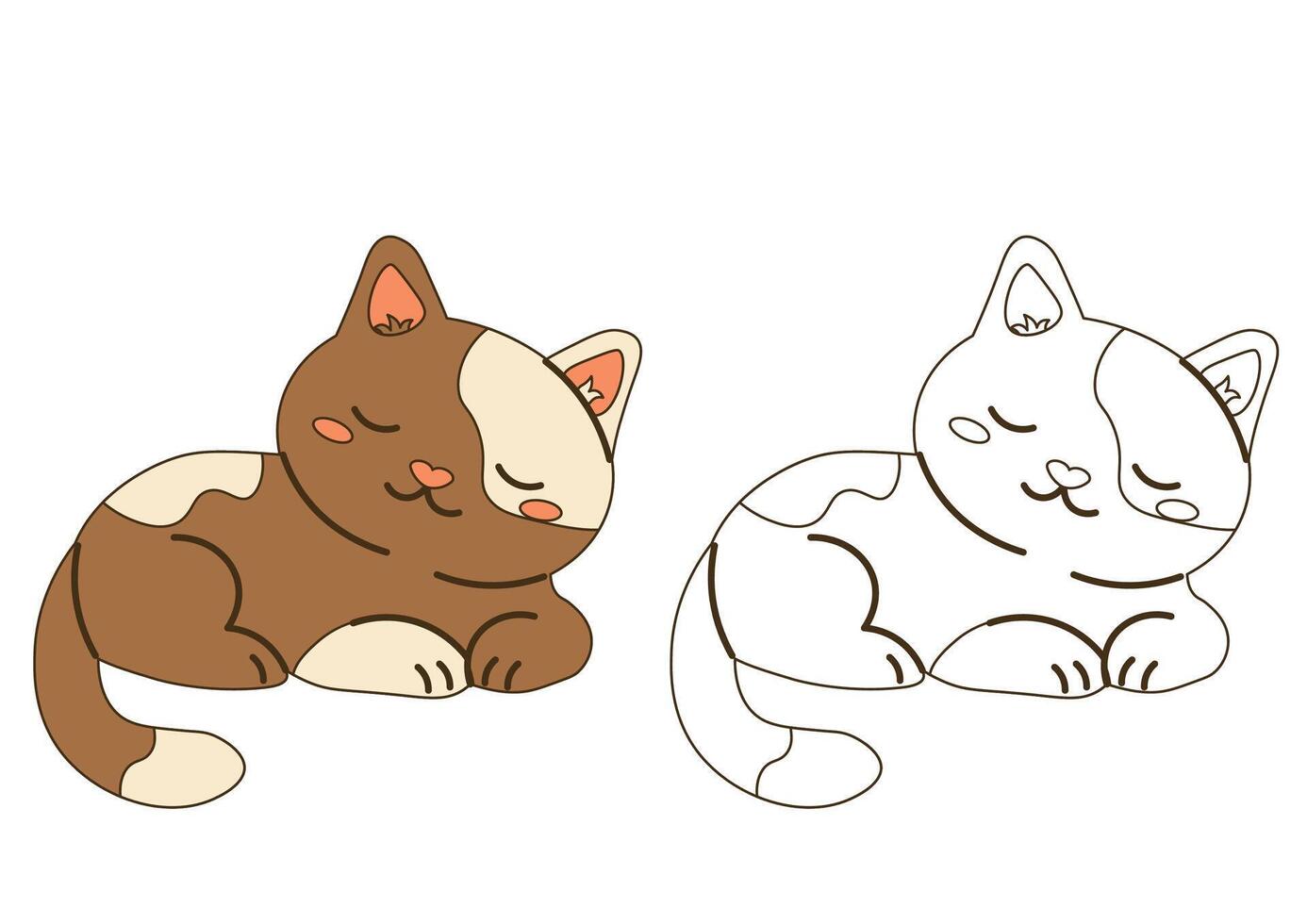 Flat style illustration of a sleeping cat in color and outline versions, ideal for coloring pages, childrens books, pet designs, and cozy-themed projects. vector