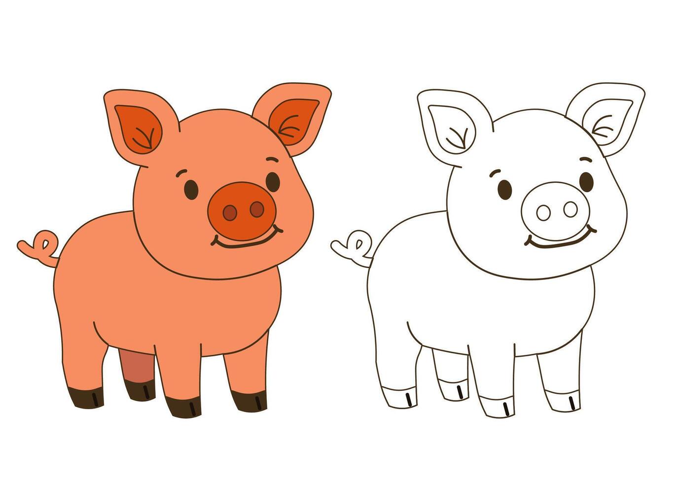 Flat style illustration of a smiling piglet with a coloring page version, perfect for childrens books, educational materials, and farm-themed design projects. vector