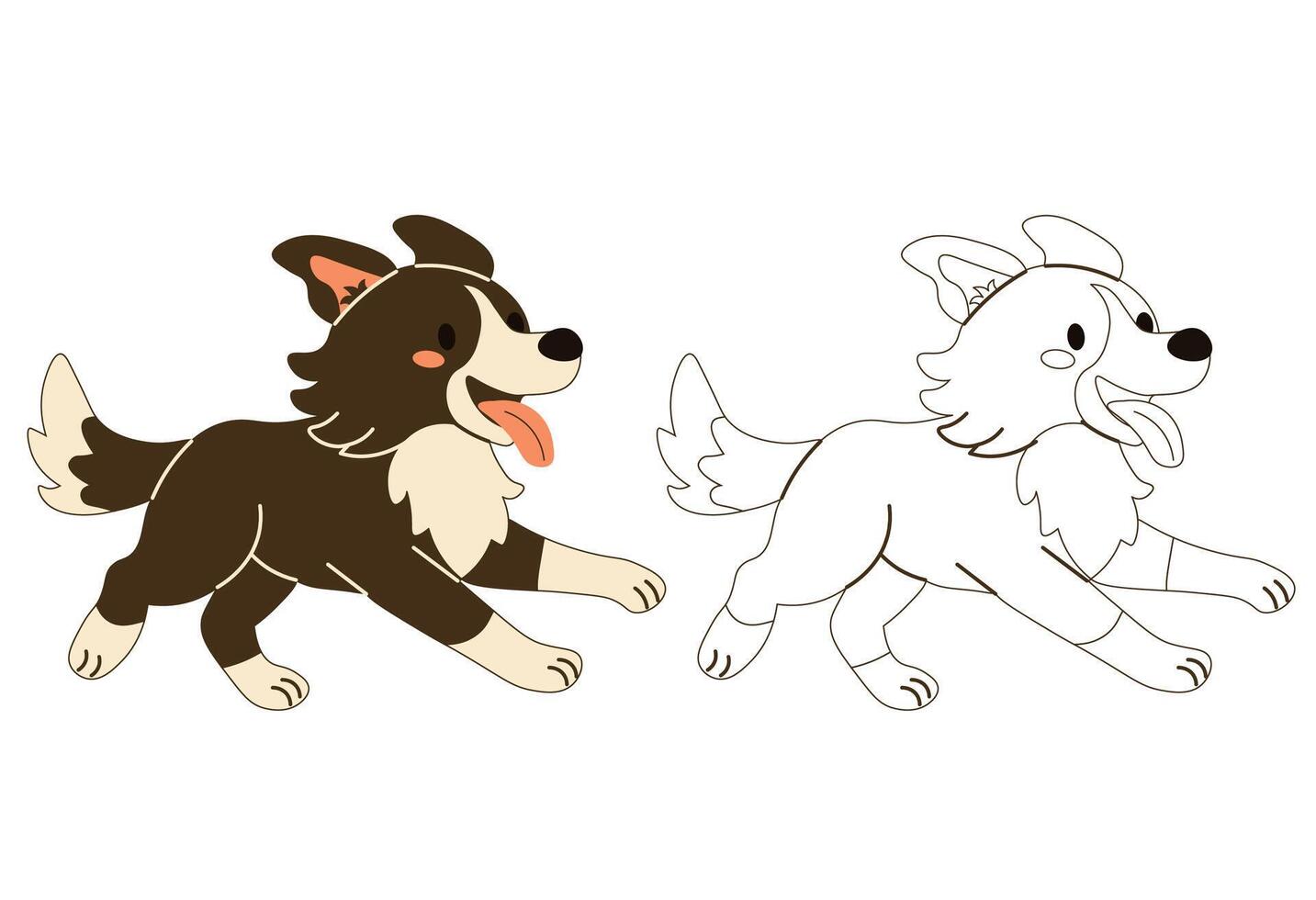 Flat style illustration of a cheerful dog in color and outline versions, perfect for pet-themed designs, childrens books, and printable coloring activities. vector