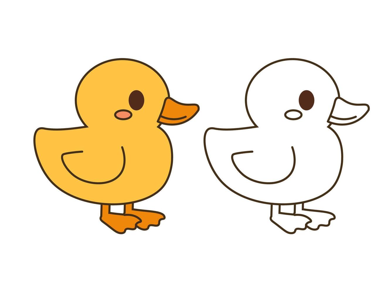 Flat style illustration of a cute duckling in color and outline versions, ideal for childrens books, printable coloring pages, and farm-themed designs. vector