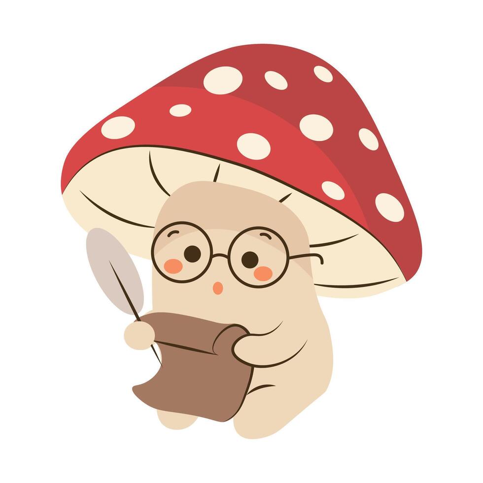 Flat style illustration of a cute fly agaric mushroom character with glasses writing on a scroll, ideal for fantasy stories, magical forest themes, and educational childrens projects. vector