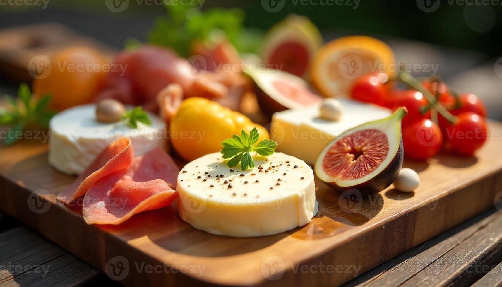 A wooden cutting board with cheese, fruit and vegetables photo