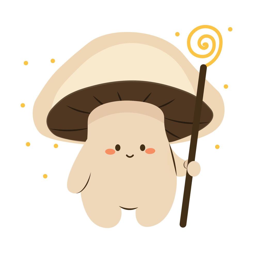 Flat style illustration of a cute champignon mushroom holding a magic staff, perfect for fantasy design, childrens books, nature-themed projects, and whimsical storytelling. vector
