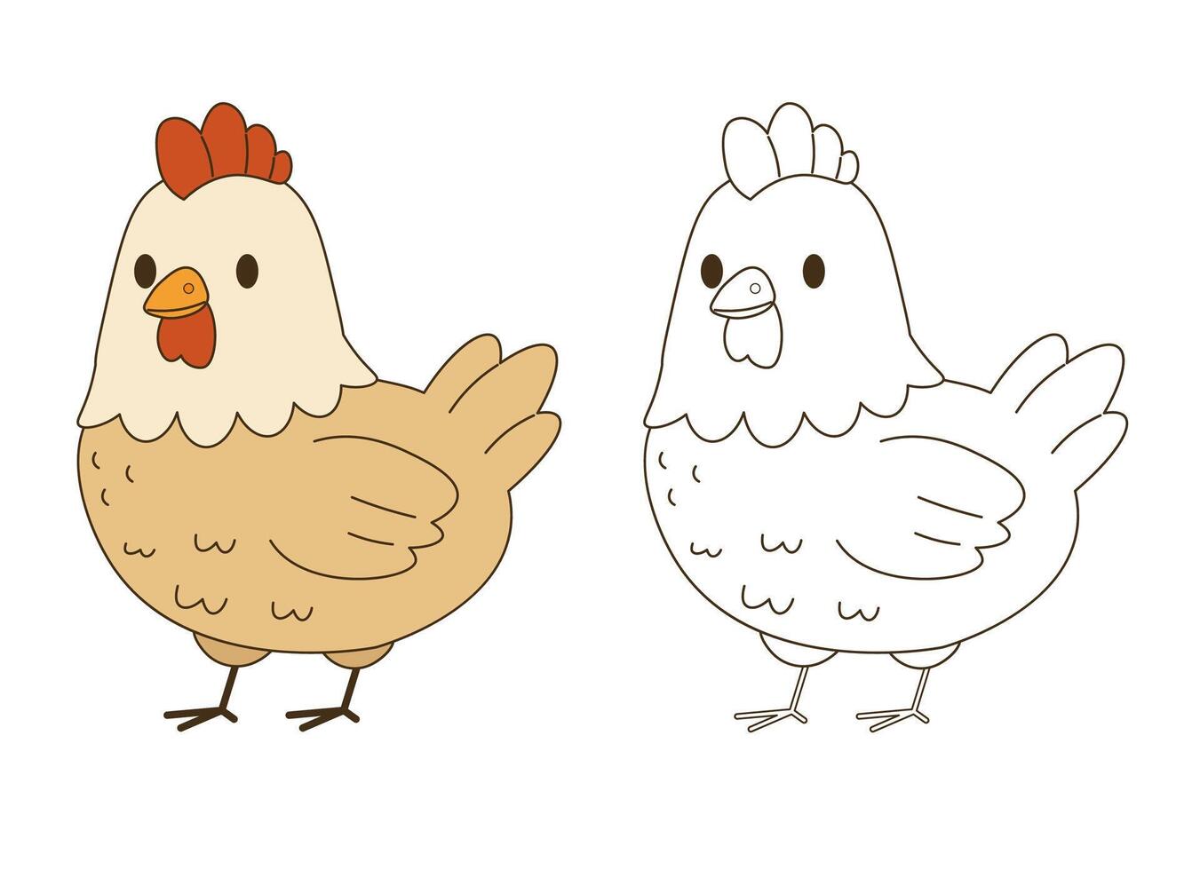 Flat style illustration of a cute chicken in color and outline versions, ideal for farm-themed designs, childrens books, and coloring pages. vector