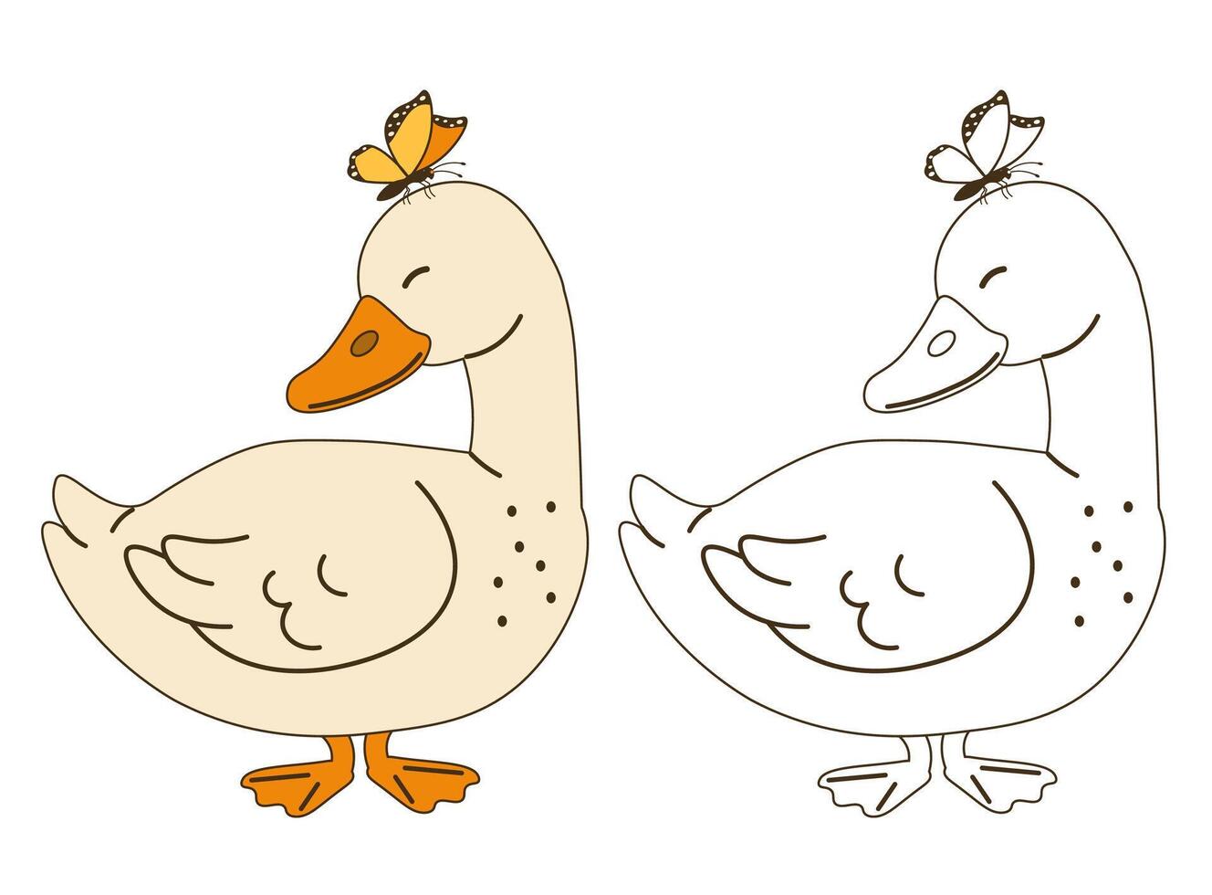 Flat style illustration of a cute duck with a butterfly on its head, shown in color and outline versions, perfect for coloring pages, childrens books, and farm-themed projects. vector