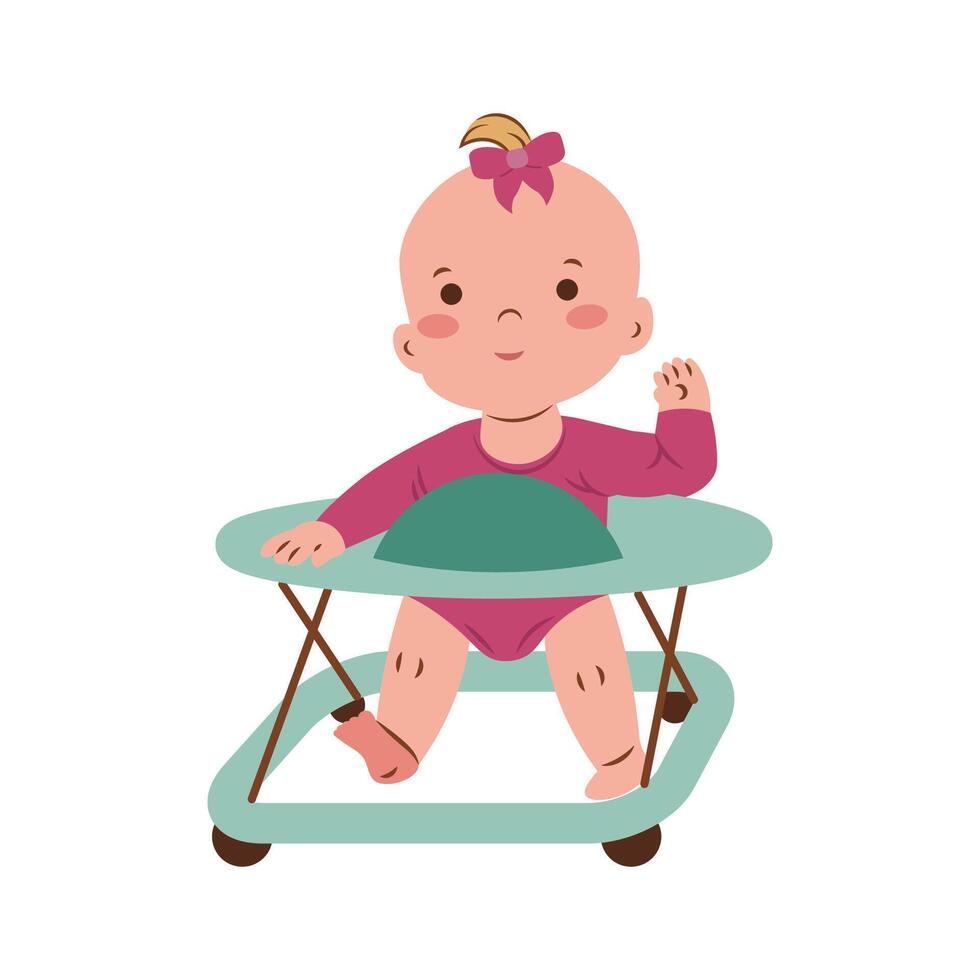 Flat style illustration of a cute baby girl in a walker, ideal for parenting content, baby products, nursery design, and early childhood development materials. vector