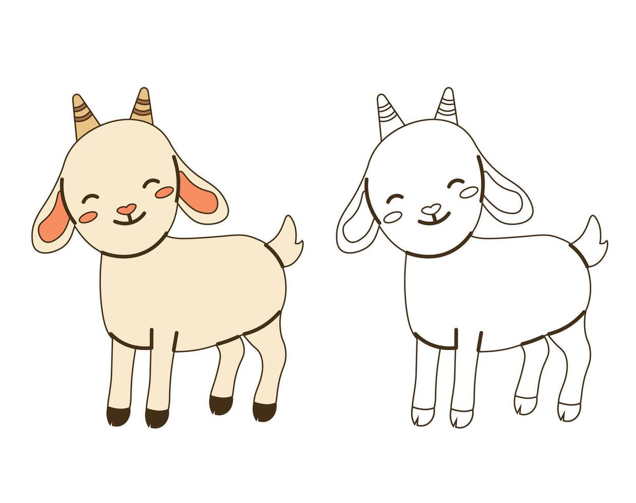 Flat style illustration of a cute baby goat with color and outline versions, ideal for coloring pages, childrens books, farm-themed projects, and educational designs. vector