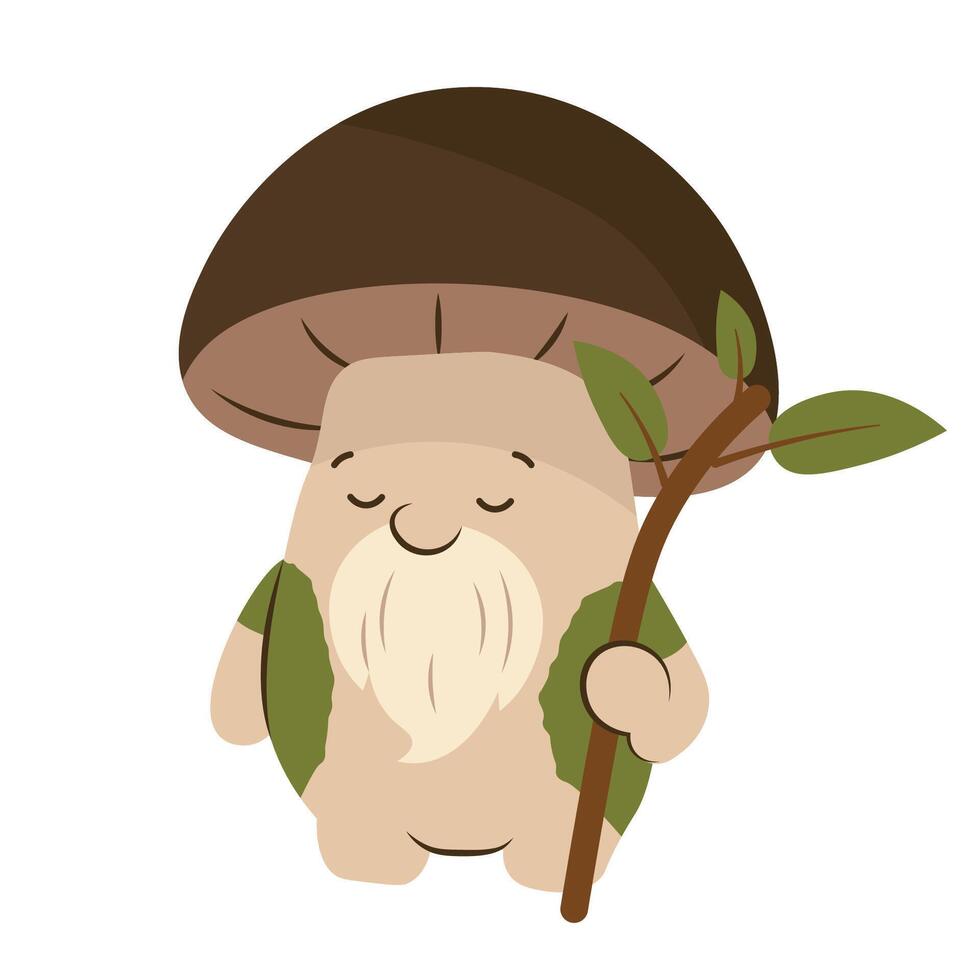 Flat style illustration of a porcini mushroom with a leafy cloak and wooden staff, perfect for fantasy projects, forest designs, and nature-inspired childrens illustrations. vector