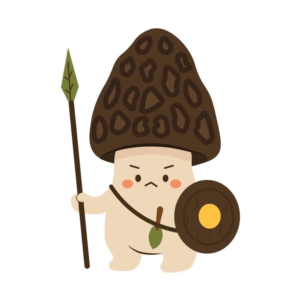 Flat style illustration of a cute morel mushroom warrior holding a spear and shield, perfect for fantasy games, childrens adventures, and whimsical forest character collections. vector