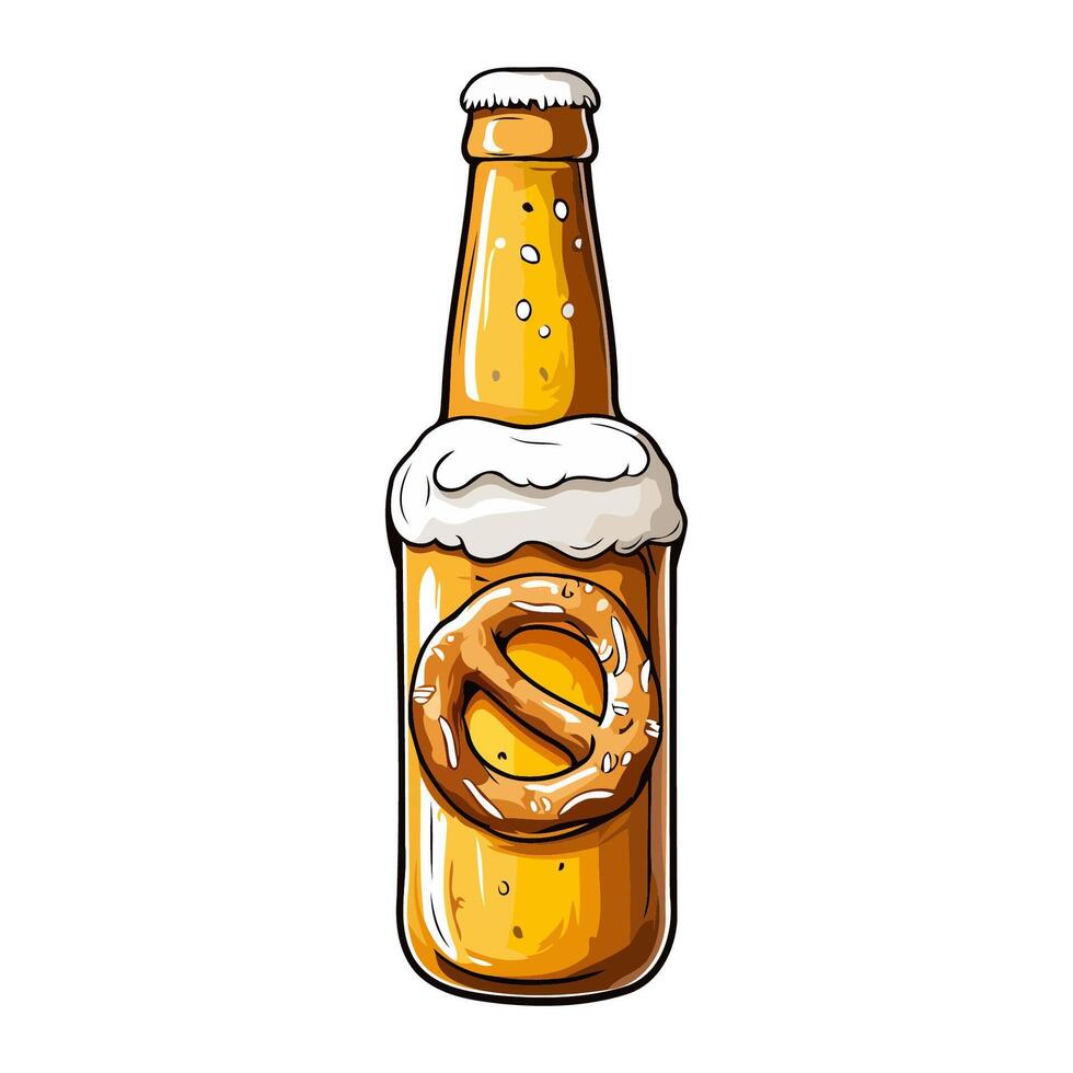 Refreshing Beer Bottle with Pretzel vector