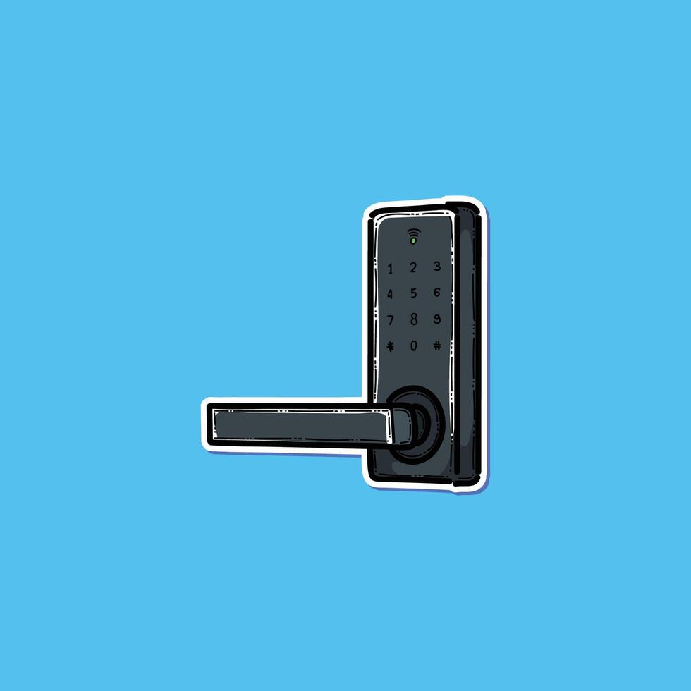 Illustration of a modern smart door lock with digital keypad featuring a sleek black design against a bold blue background, emphasizing innovation and secure technology. vector