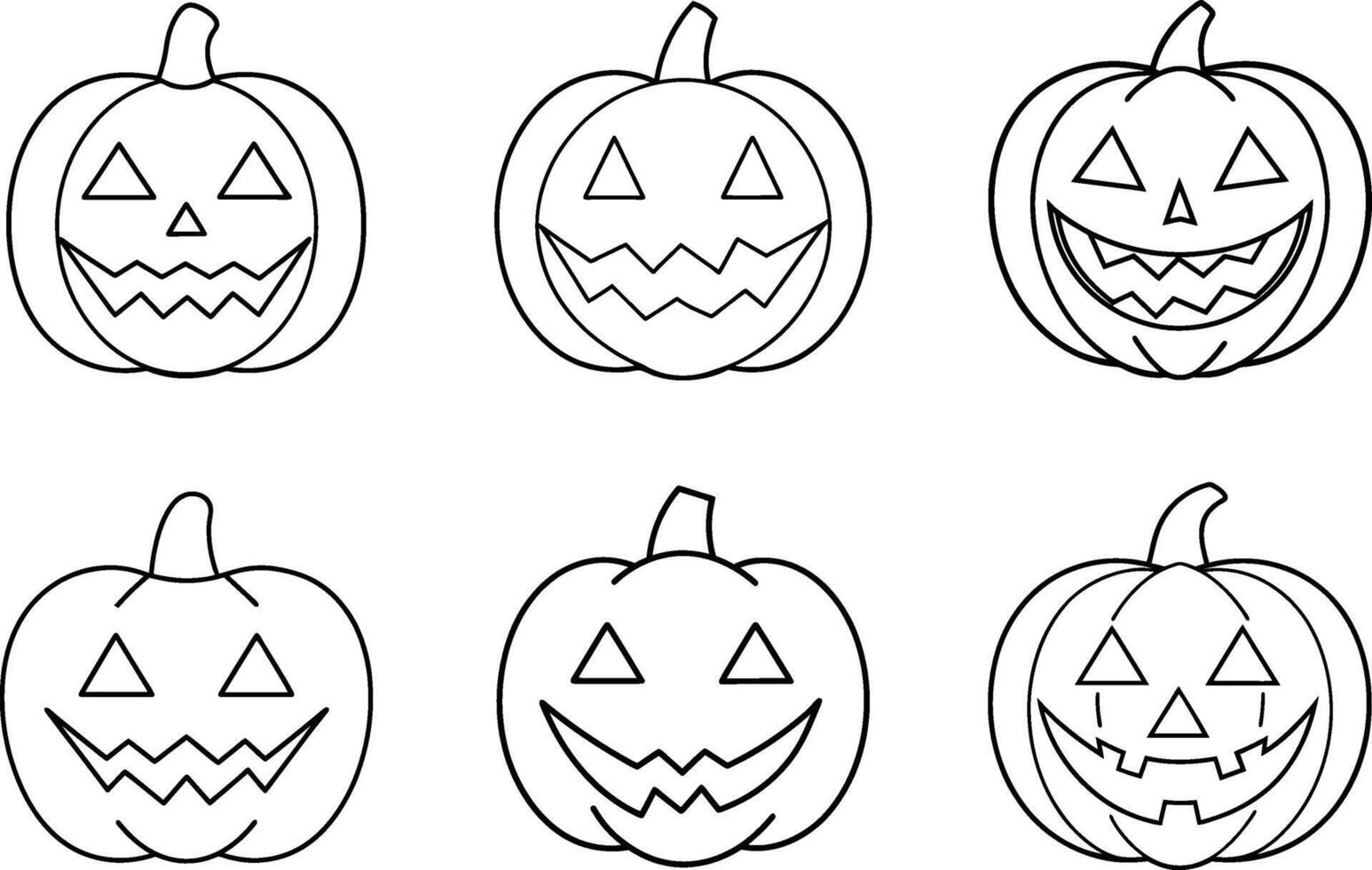 Set of Halloween Jack-o'-Lantern Line Art Vectors - Spooky Pumpkin Faces Illustration