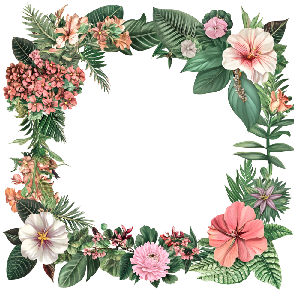 A watercolor frame filled with tropical leaves flowers and fruits perfect on a Transparent Background png