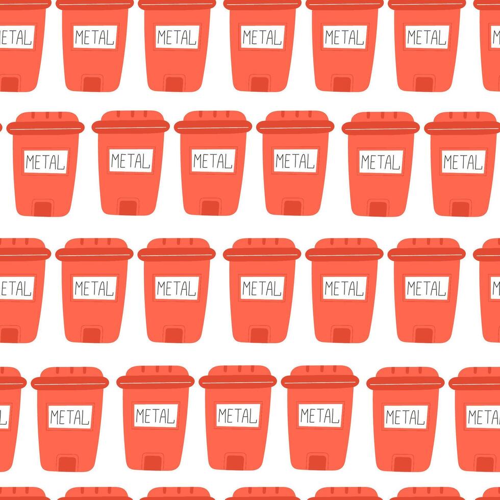 Flat Style Seamless Pattern Featuring Red Metal Waste Containers on a White Background vector