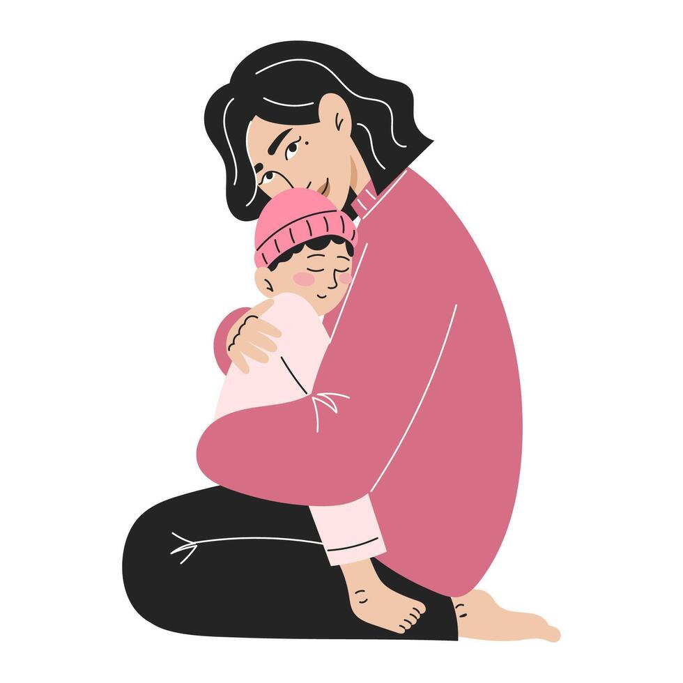 Mother Sitting on the Floor and Hugging Her Young Son, Flat Style Mother's Day Illustration on White Background vector