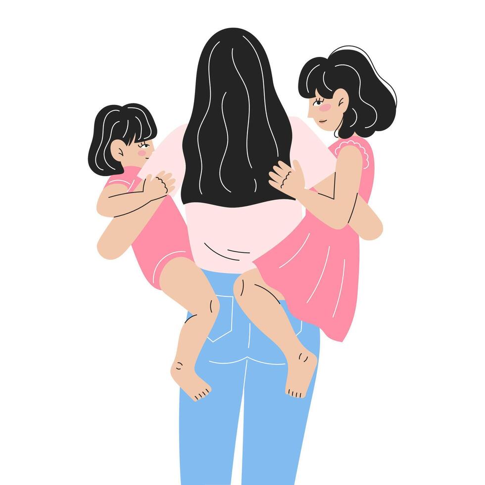 Young Mother Holding Two Daughters of Different Ages, Rear View Flat Style Mothers Day Illustration on White Background vector
