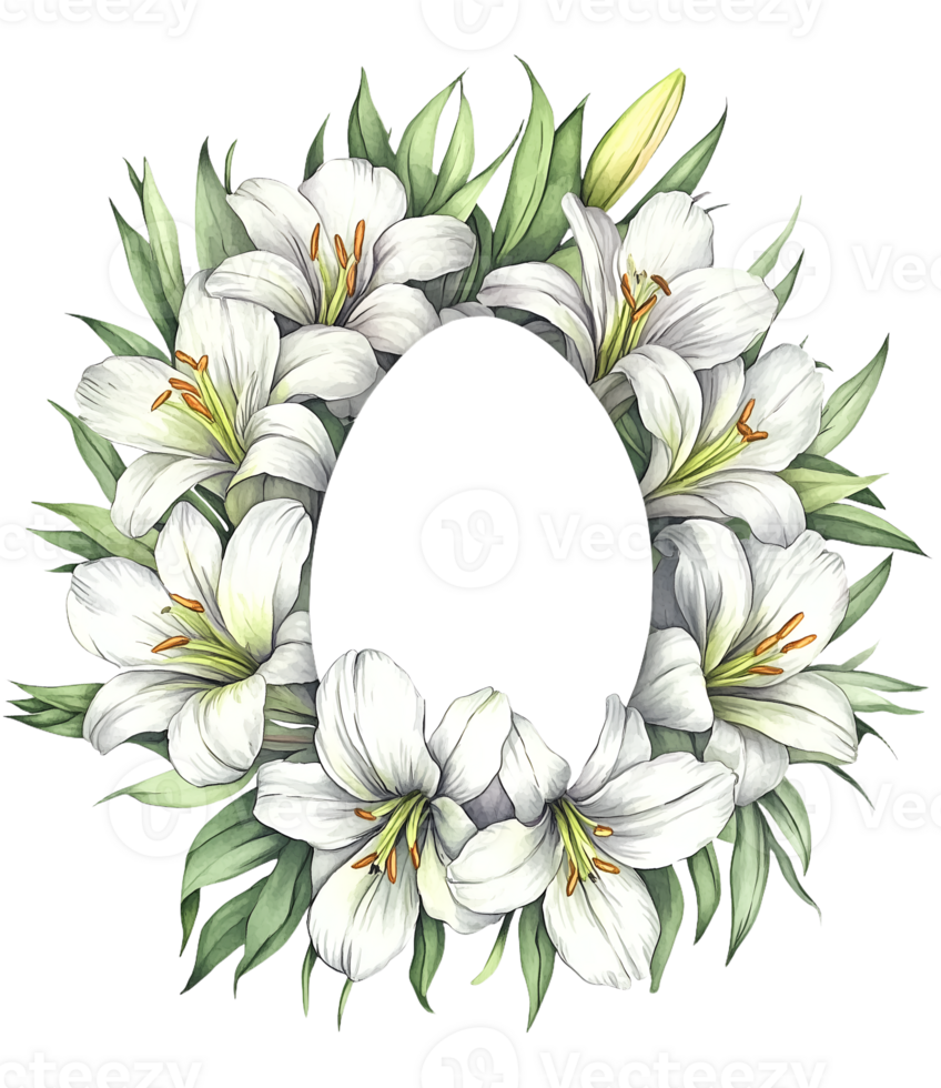 Watercolor Easter Lily flower frame in egg shape on transparent background. Space for text. png
