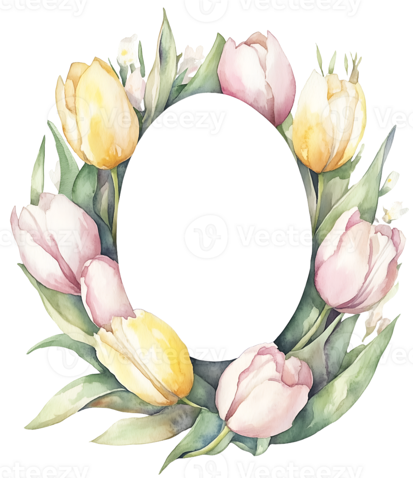 Watercolor Easter wreath. Tulip flower frame in egg shape on transparent background. Space for text. png