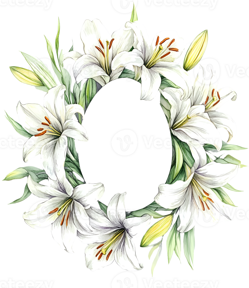 Watercolor Easter wreath. Lily flower frame in egg shape on transparent background. Space for text. png