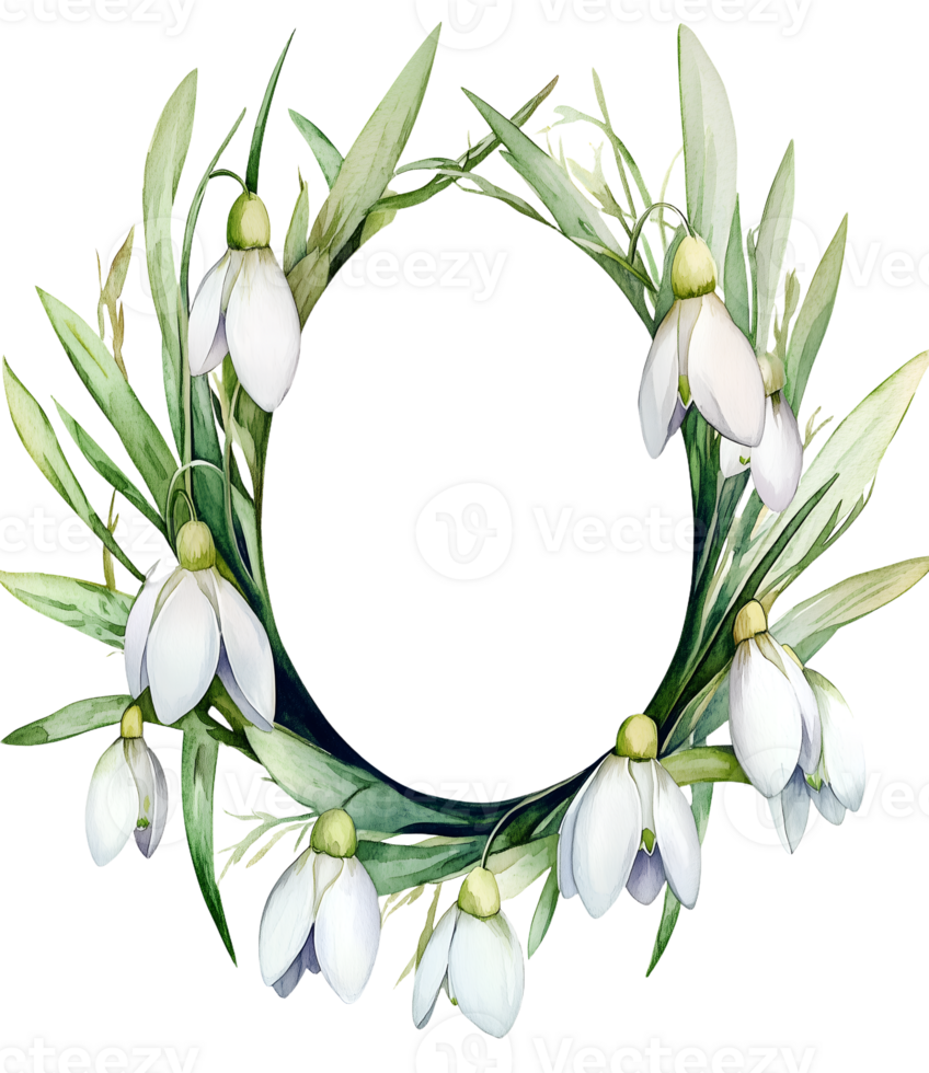 Watercolor Easter Snowdrop flower wreath frame in egg shape on transparent background. Space for text. png