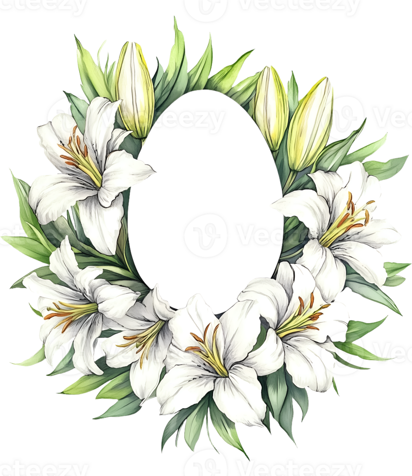 Watercolor Easter Lily flower wreath frame in egg shape on transparent background. Space for text. png