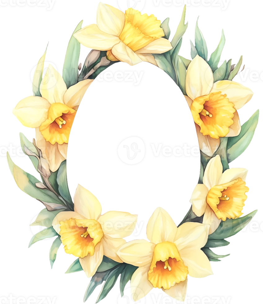 Watercolor Easter Daffodils flower frame wreath in egg shape on transparent background. Space for text. png
