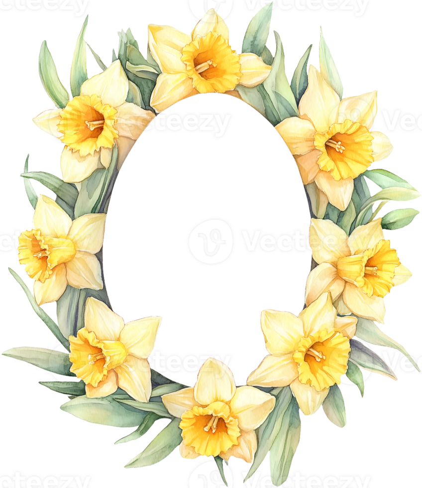 Watercolor Easter Daffodils flower wreath frame in egg shape on transparent background. Space for text. png