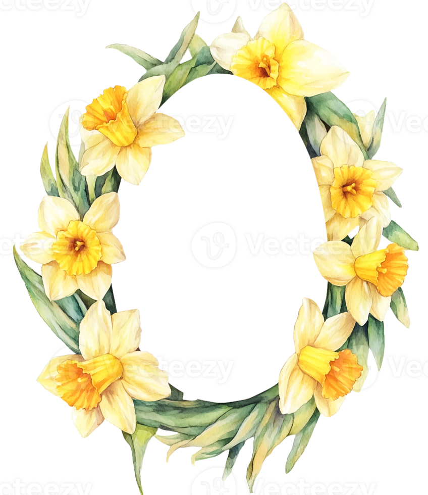 Watercolor Easter wreath. Daffodils flower frame in egg shape on transparent background. Space for text. png