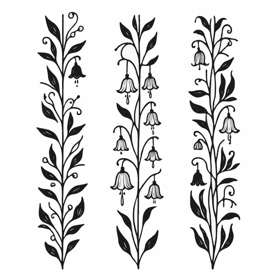 Set of twigs, branches, leaves, doodle floral pattern. Hand drawn Botanical drawing. Detailed line art bluebell, Campanula vine illustration. Outline Simple Stylized, harebell flowers blossom vector