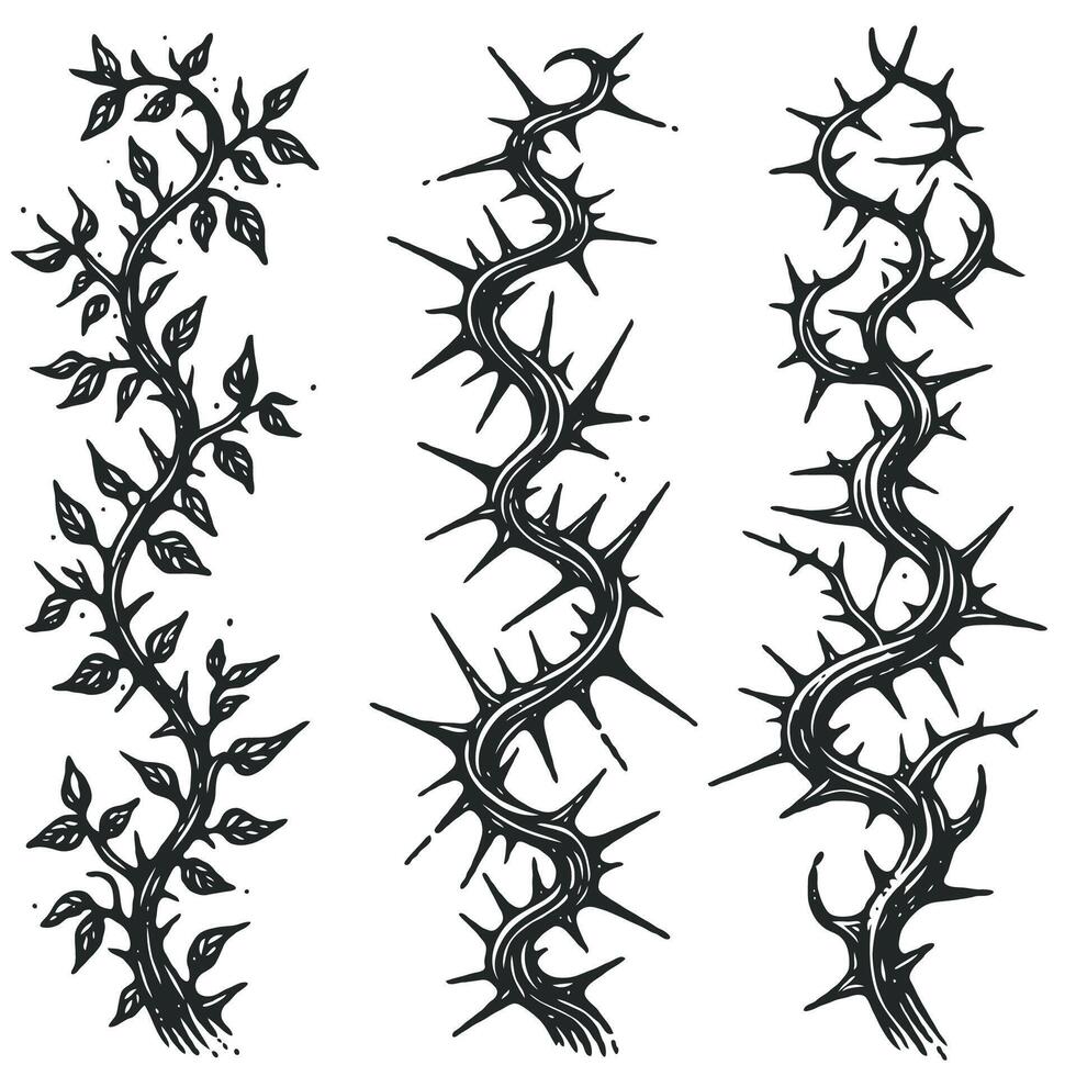 Line art of decorative floral branches with leaves, thorns, and buds. Set of black dry branches illustration. Set of black branches with spikes illustration. Illustration of the crowns of thorns. vector