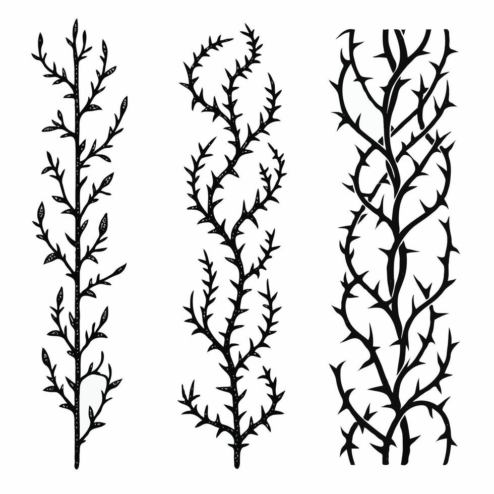 Seamless pattern with tree branches with spikes illustration, silhouettes of twigs and leaves illustration, hand drawn branches with leaves in doodle style. Illustration of the crowns of thorns. vector