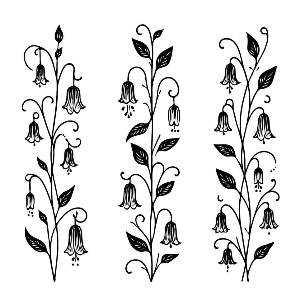 Set of leaves, branches of leaves, doodle floral pattern. Hand drawn Botanical drawing. Detailed line art bluebell, Campanula vine illustration. Outline Simple Stylized Art, harebell flowers blossom vector