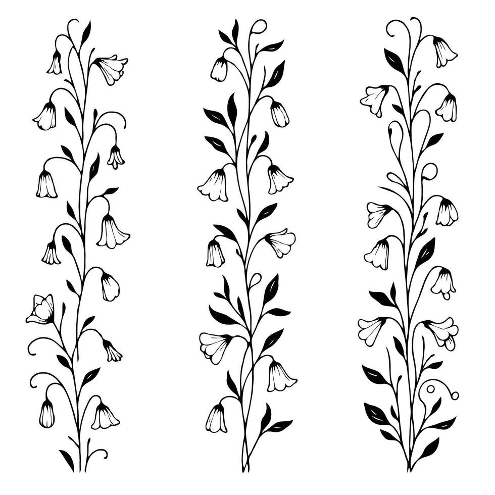 Set of twigs, branches of leaves, doodle floral pattern. Hand drawn Botanical drawing. Detailed line art bluebell, Campanula bloom illustration. Outline Simple Stylized Art, harebell flowers blossom vector