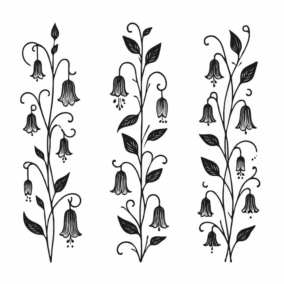 Set of twigs, branches of leaves, doodle floral pattern. Hand drawn Botanical drawing. Detailed line art bluebell, Campanula vine illustration. Outline clipart Stylized Art, harebell flowers blossom vector