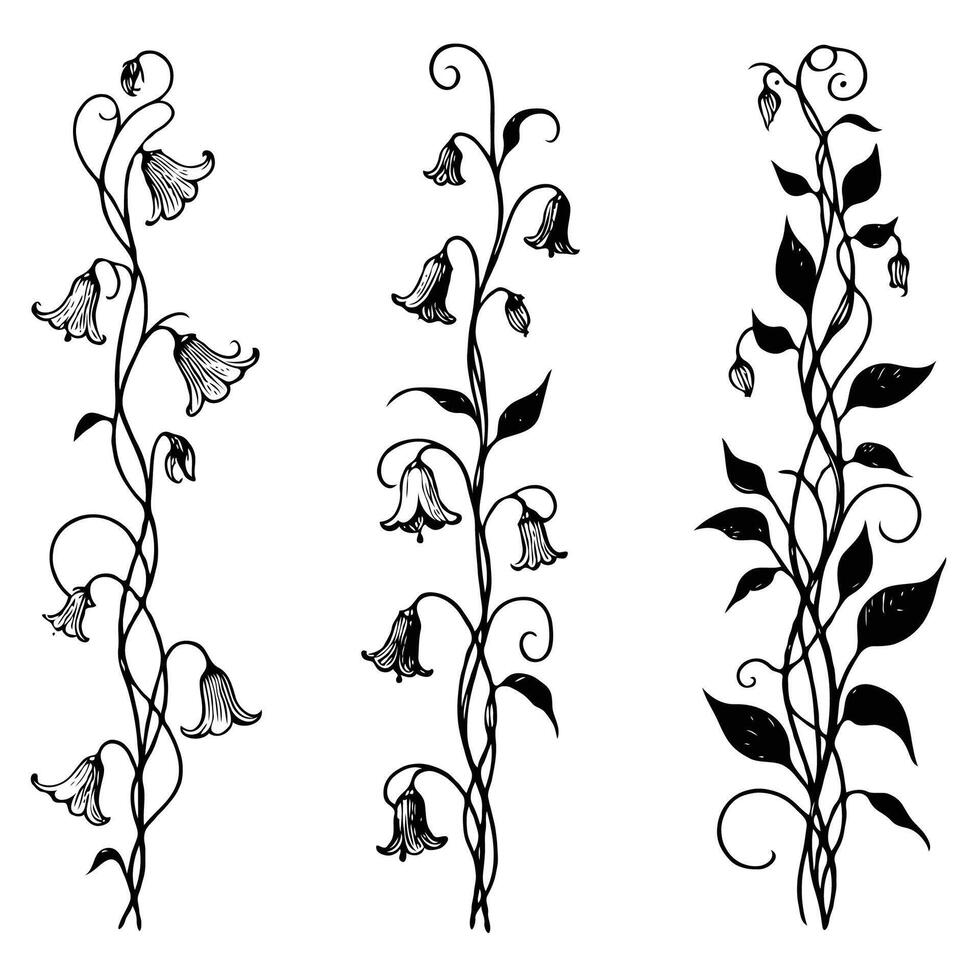 Set of twigs, branches, leaves, doodle floral pattern. Hand drawn Botanical drawing. Detailed line art bluebell, Campanula vine illustration. Outline Simple Stylized Art, harebell flowers blossom vector