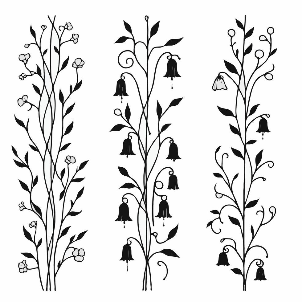 Set of twigs, branches of leaves, doodle floral sketch. Hand drawn Botanical drawing. Detailed line art bluebell, Campanula vine illustration. Outline Simple Stylized Art, harebell flowers blossom vector