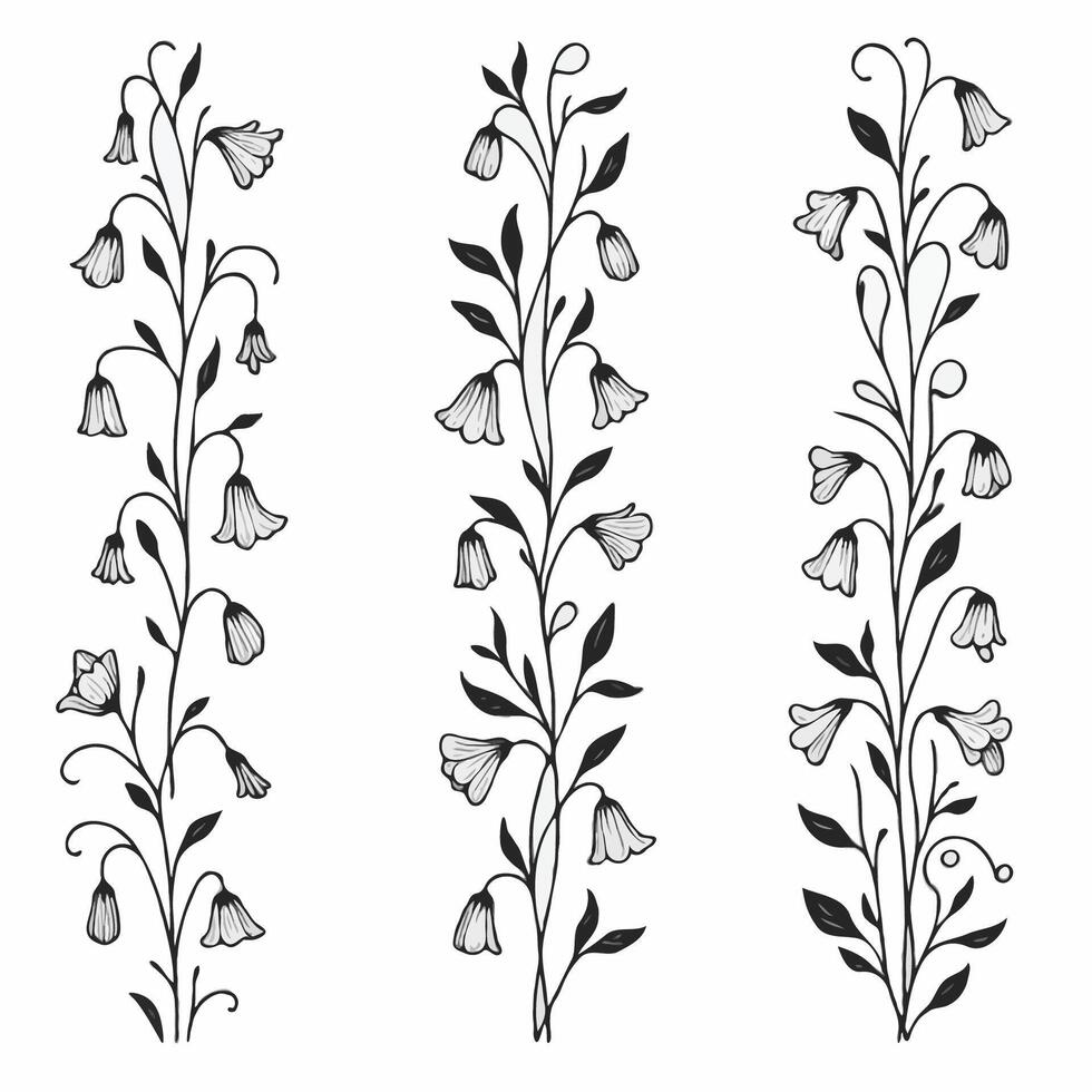 Collection of branches of leaves, doodle floral pattern. Hand drawn Botanical drawing. Detailed line art bluebell, Campanula vine illustration. Outline Simple Stylized Art, harebell flowers blossom vector