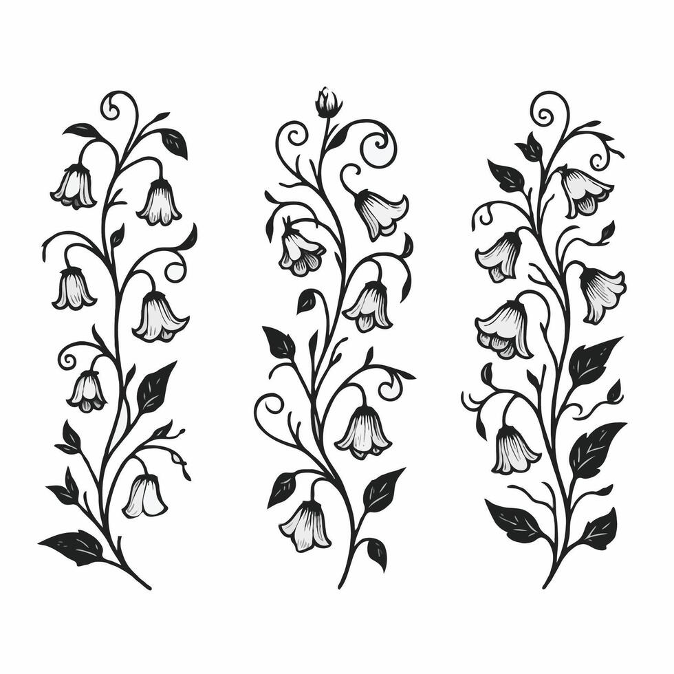 Set of twigs, branches, leaves, doodle floral pattern. Hand drawn Botanical drawing. Detailed art bluebell, Campanula vine illustration. Outline Simple Stylized Art, harebell flowers blossom vector