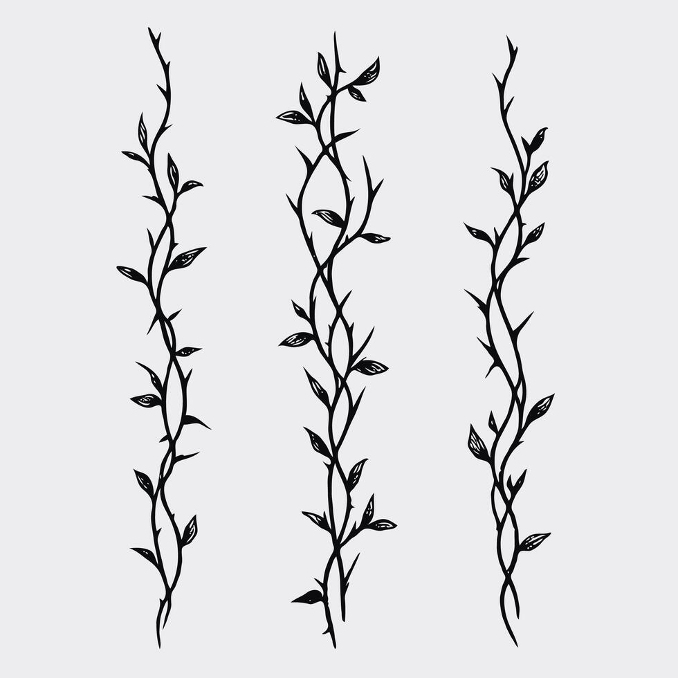 Seamless pattern with tree branches, black branches with spikes illustration. Set of hand drawn branches with leaves in doodle style. Illustration of the crowns of thorns on a white background. vector